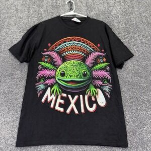 Euro Cotton Shirt Mens Medium Black Mexico Axolotl Graphic Tee Travel Colorful
